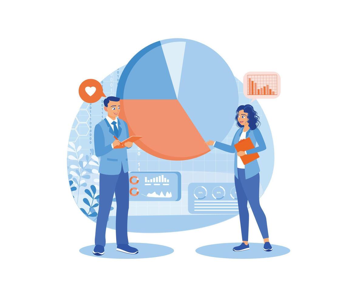 Businessman and assistant studying charts and graphs. Improve business strategies to achieve targets. Marketing research concept. Flat illustration. vector