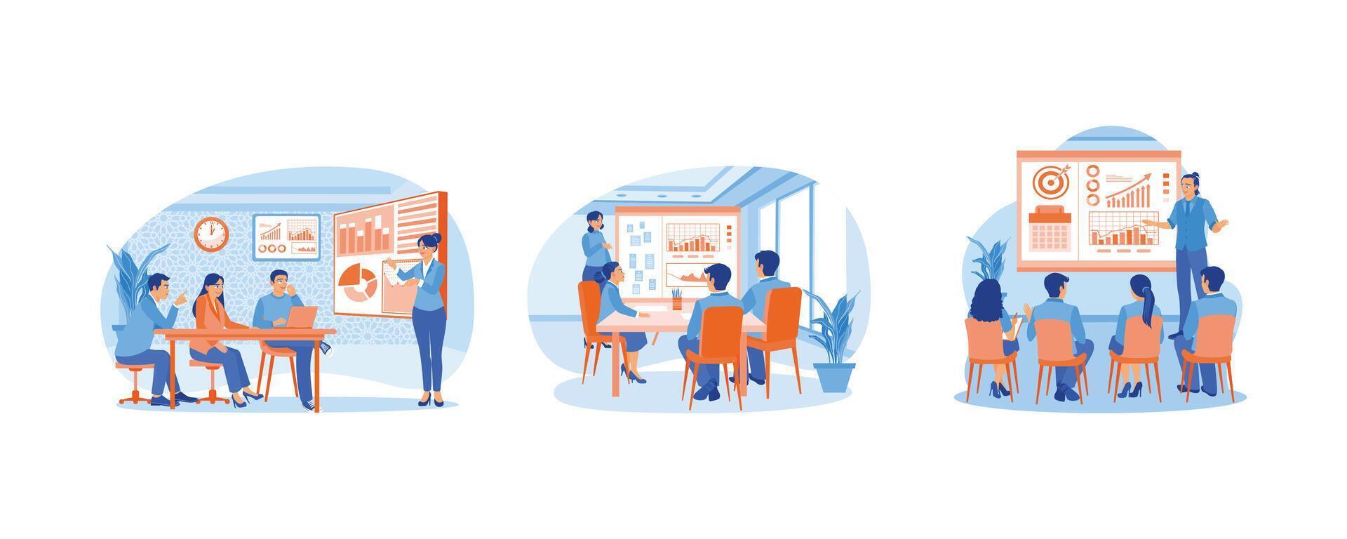 Female manager leads meeting with employees. Give presentations at business seminars. Speaking in front of an audience. Business seminar concept. Set flat illustration. vector
