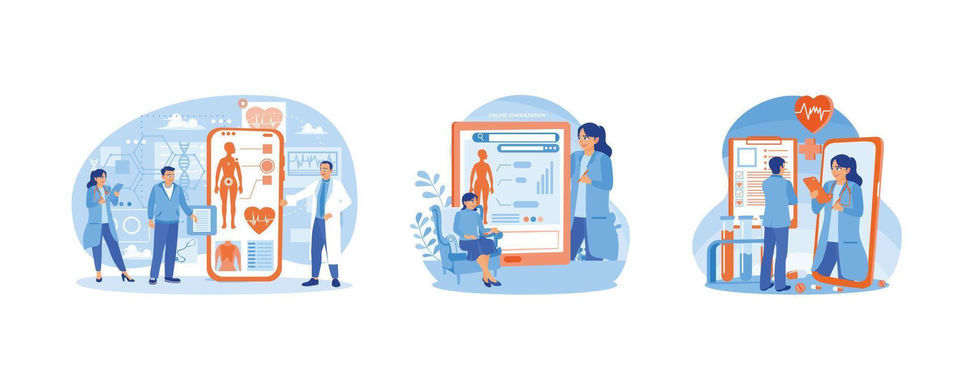 Patients carry out medical consultations online. Female patient sitting in a chair at home. Telemedicine e health services. Online Medical Consultation concept. Set flat illustration. vector