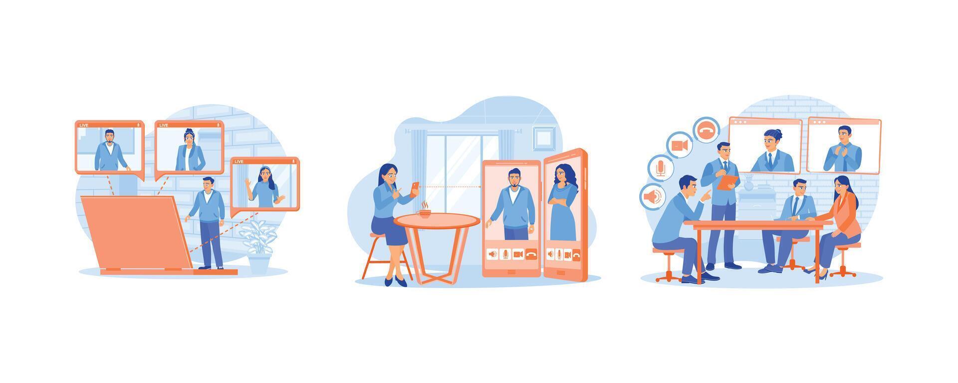 Online meetings. Businessman communicating with coworkers using smart phone. Discuss new projects during meetings. conference concept. Set flat illustrations. vector