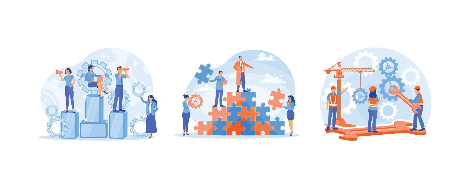Business team towards business targets. Teamwork in solving problems. Working together on a project. Teamwork concept. Set flat illustration. vector