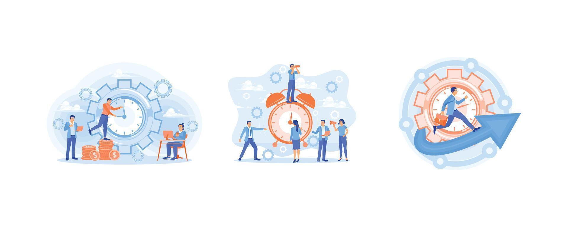 Employees complete work on time. Business people organize work time according to schedule. Set personal work time. Time Management concept. Set flat illustration. vector