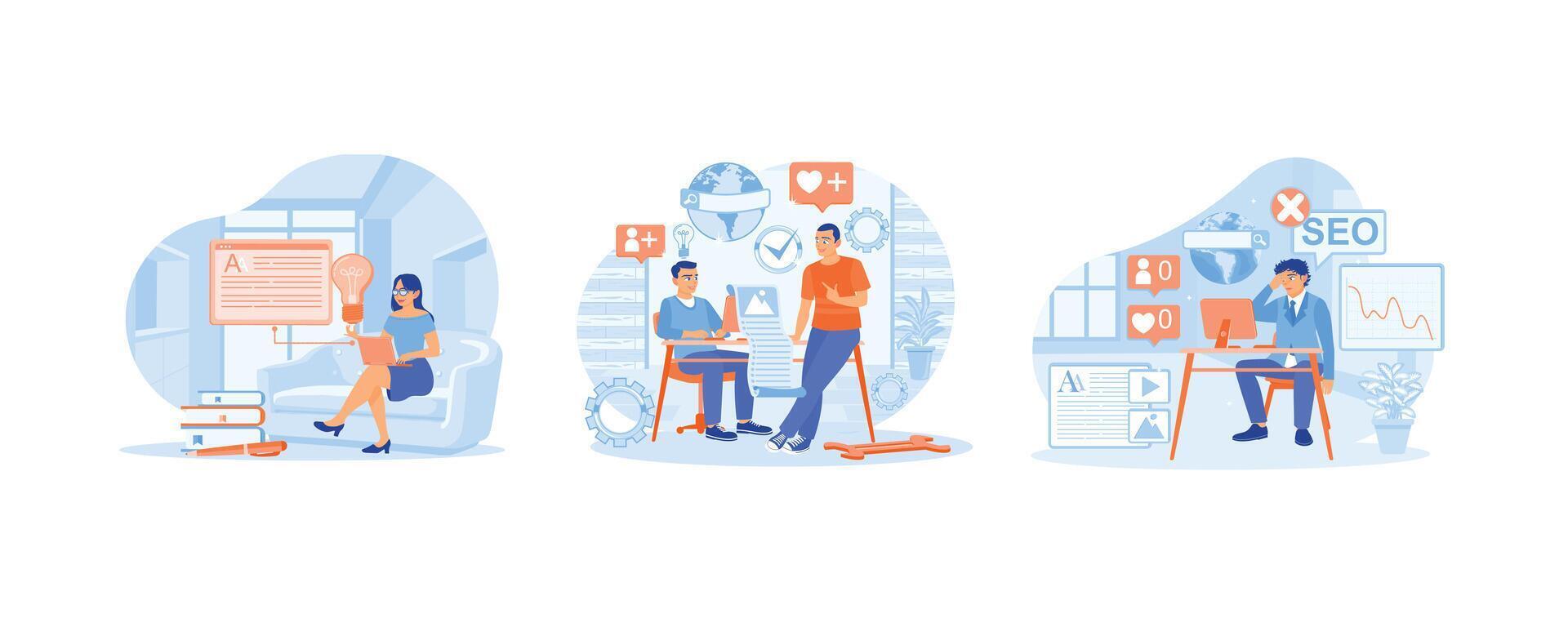 Write and edit the text. Search engine optimization ideas for blog promotion. Men make blog promotion mistakes. Blog concept. Set flat illustration. vector