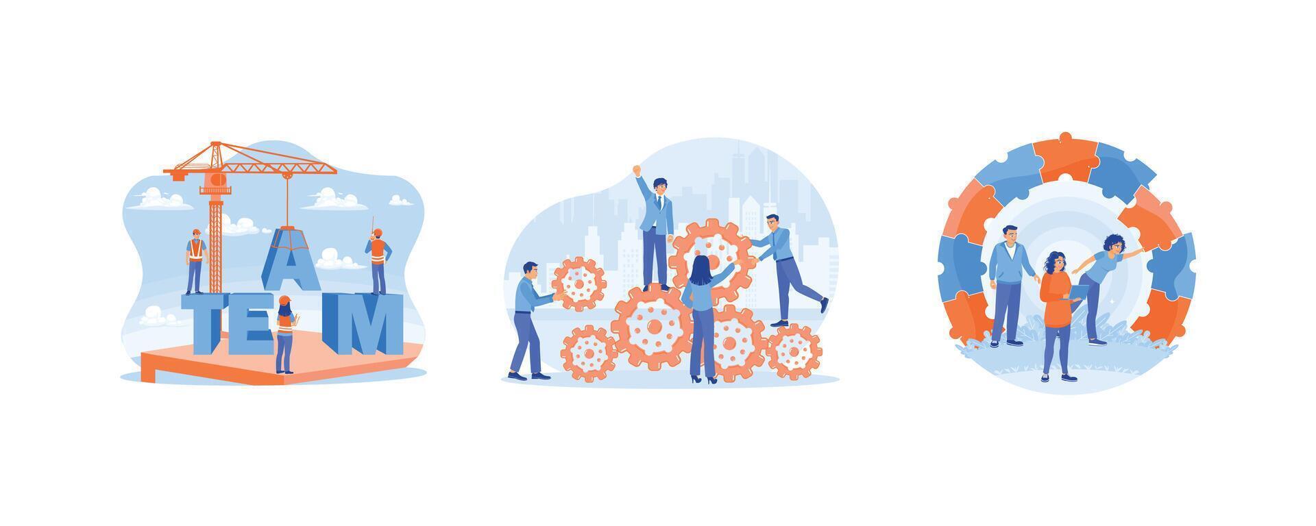 Communicate and work together. People work together to get good results. Solving problems together. Team Building concept. Set flat illustration. vector
