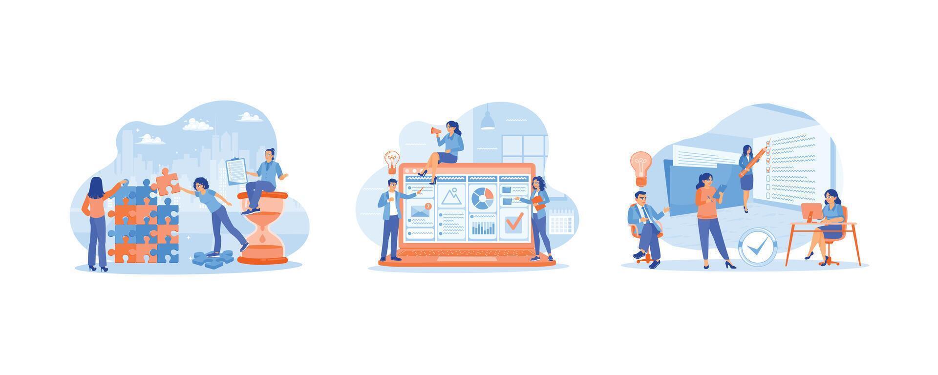 Business people working together on a new project. Analyzes and develops marketing ideas. Strategy, motivation, and successful leadership. Project Management concept. Set flat illustration. vector