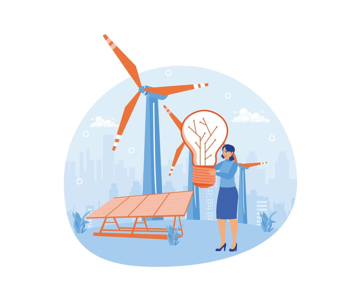 Renewable natural resources. The company uses solar panels to generate electricity. Circular economy concept. Flat illustration. vector