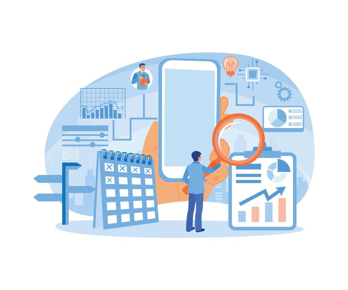 Entrepreneur makes a business plan. Analyze financial data to improve marketing. Business Intelligence concept. Flat illustration. vector