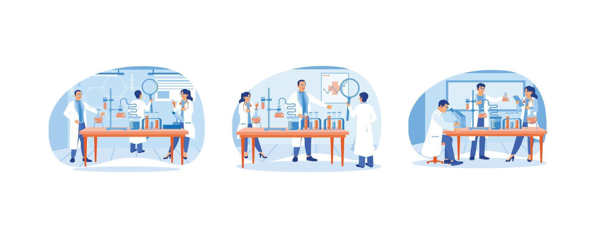 Scientists in the laboratory room. Wearing lab coats. Doing scientific research in the laboratory. Laboratory concept. Set flat illustration. vector