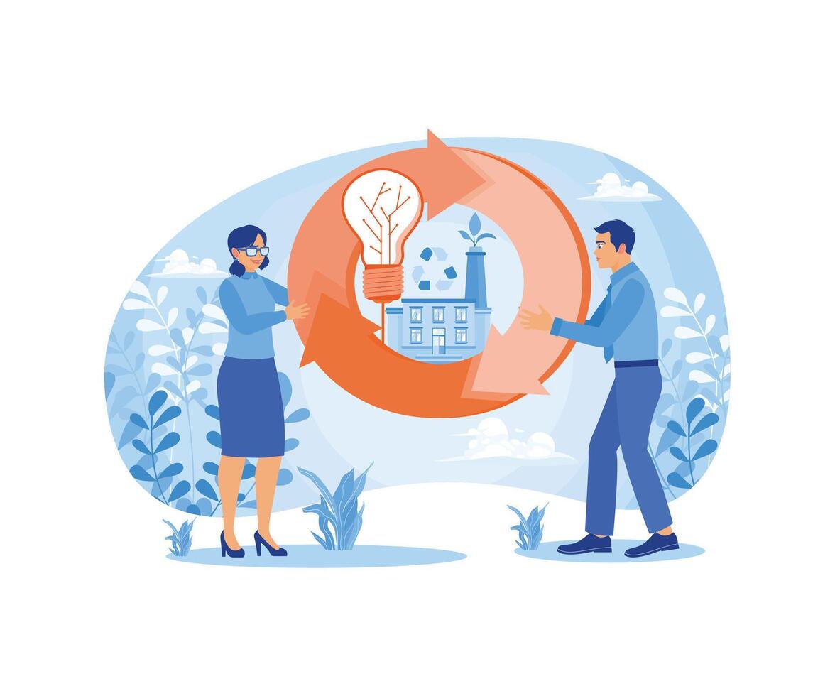 Businessman holding cycle sign with electric factory. Building environmentally friendly industries to reduce pollution. Circular economy concept. Flat illustration. vector