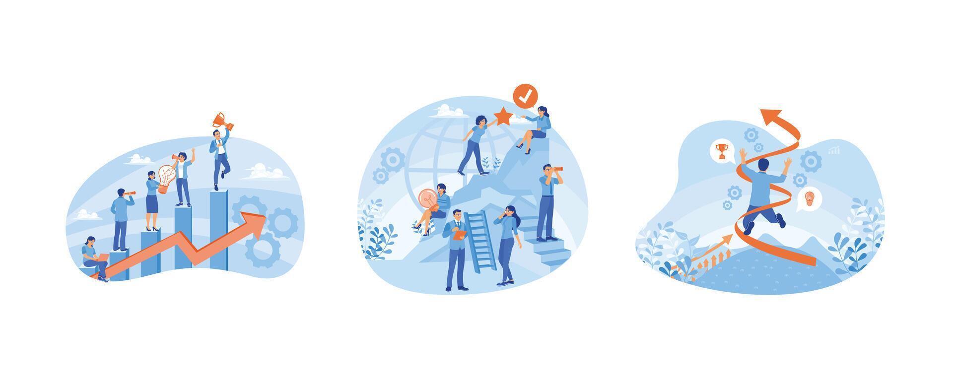 Job growth and performance. Business team working together. Motivation towards success. Business development concept. Set flat illustration. vector