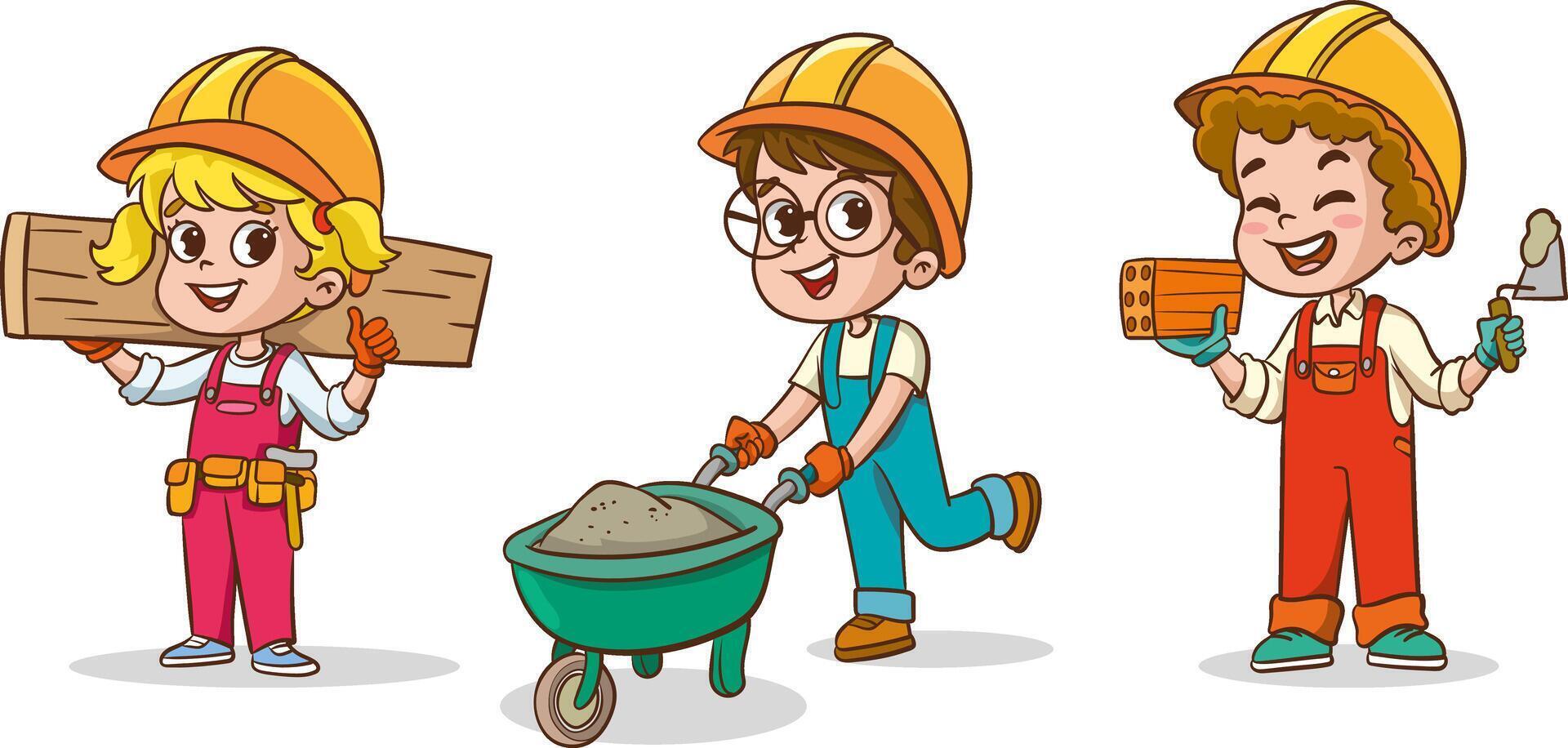 Children building house together, little builders with construction tools. Cartoon kids laying bricks, pushing wheelbarrow illustration. Construction worker with tools vector