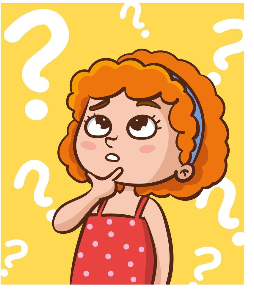 Problem solving concept. Cute kid boy thoughtful ask question. confused kid and happy to understand or light bulb found answer. cartoon illustration vector