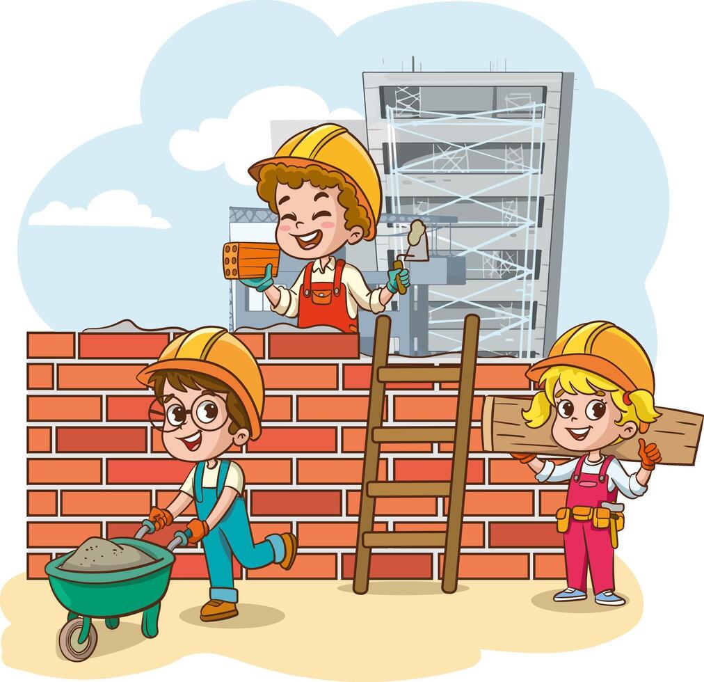 Children building house together, little builders with construction tools. Cartoon kids laying bricks, pushing wheelbarrow illustration. Construction worker with tools vector