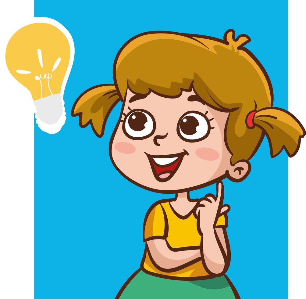 Problem solving concept. Cute kid boy thoughtful ask question. confused kid and happy to understand or light bulb found answer. cartoon illustration vector