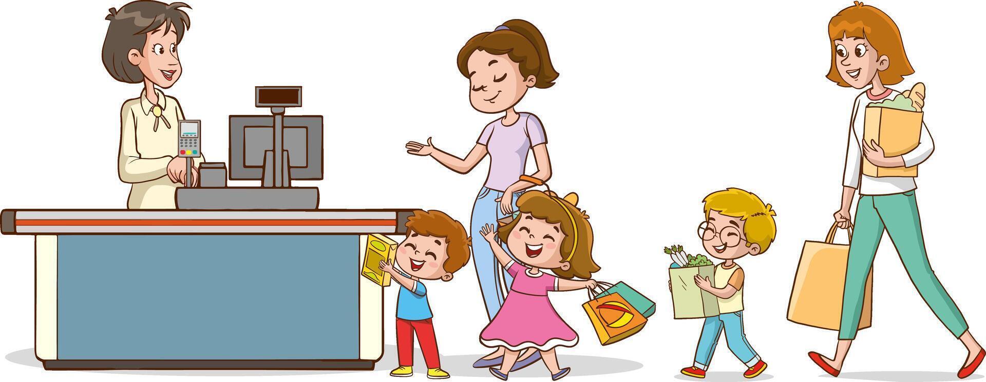 Mother and Kids Navigating the Aisles of a Crowded Supermarket and Making Grocery Shopping a Fun Family Trip. Cartoon People Illustration vector