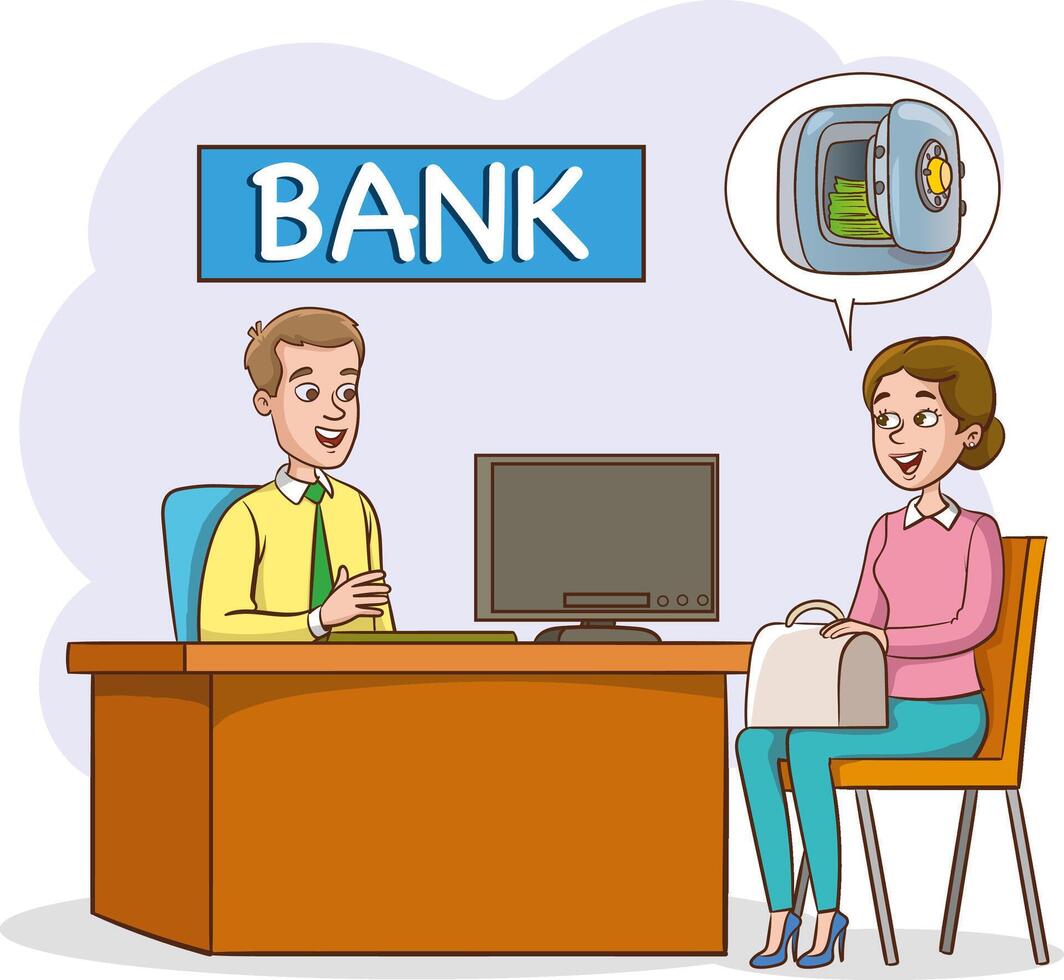 Male banker working with a female client. Manager advising a client. Flat illustration. vector