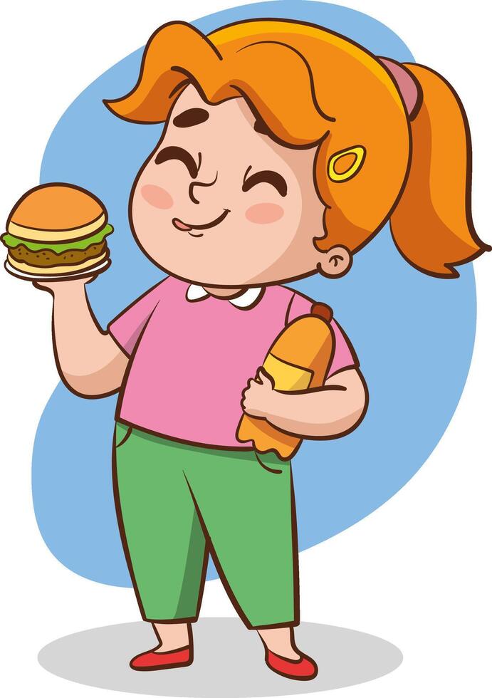 Unhealthy eating, sedentary inactive lifestyle, gluttony problems of overweight kids set illustration. Cartoon isolated children with big belly lying on sofa, kids drink and eat fast food vector