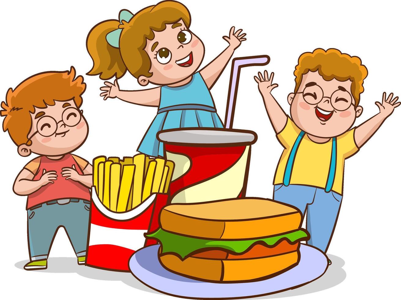 A cute Boy eat hamburger with french fries, and soda. he eat fast food. vector