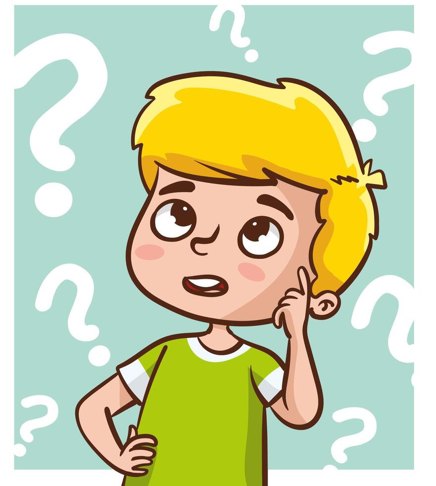 Problem solving concept. Cute kid boy thoughtful ask question. confused kid and happy to understand or light bulb found answer. cartoon illustration vector