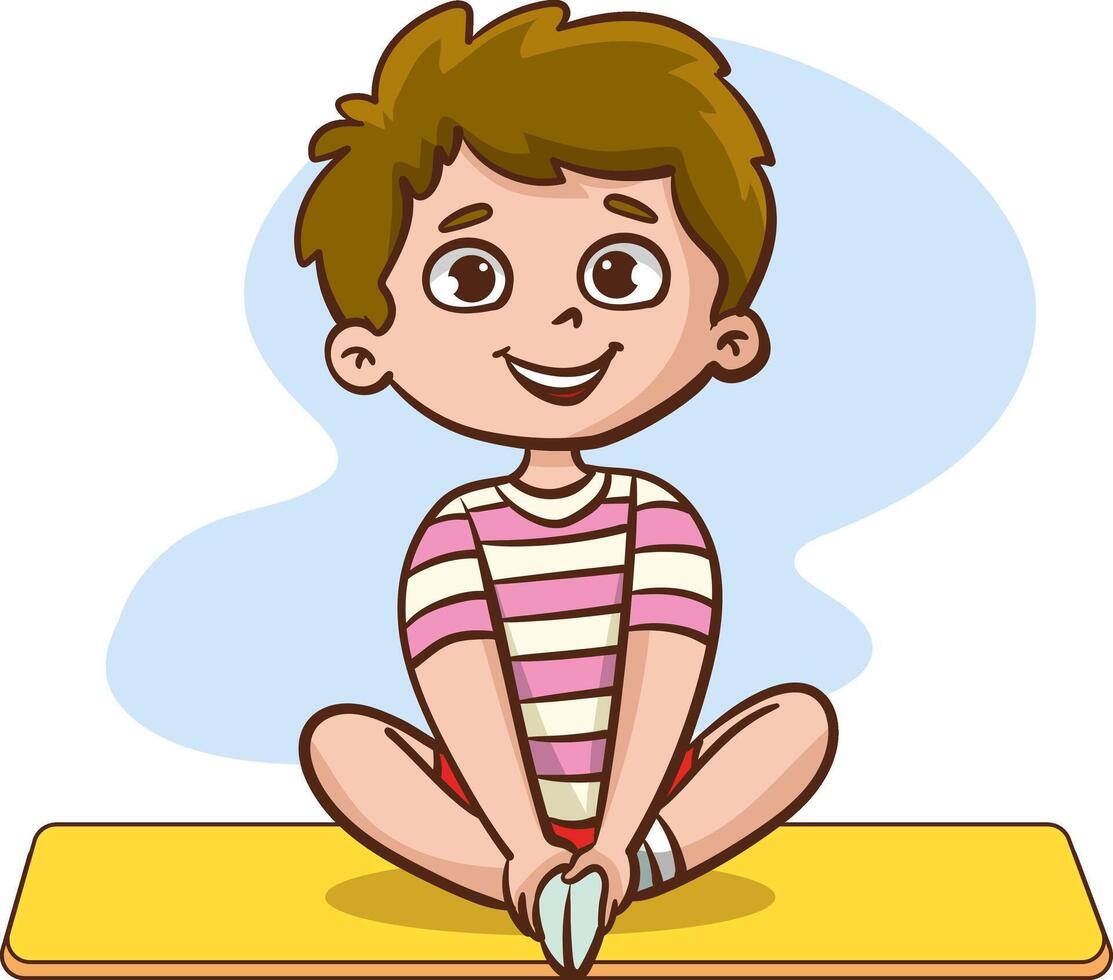 Yoga kids characters. Fitness sport children pose and gymnastics yoga exercises illustrations vector