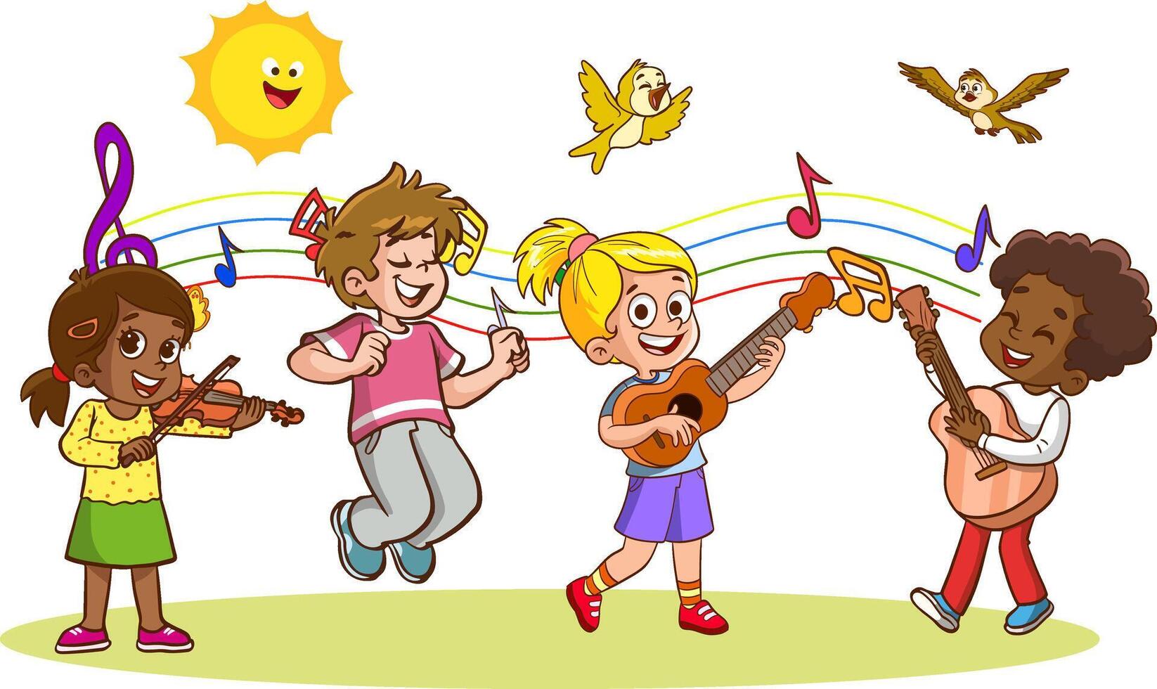 little kid sing and dance with friends together vector
