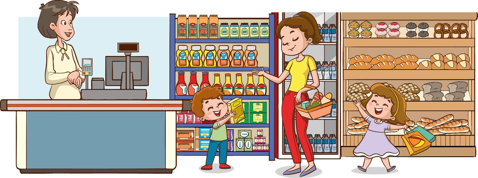 Mother and Kids Navigating the Aisles of a Crowded Supermarket and Making Grocery Shopping a Fun Family Trip. Cartoon People Illustration vector