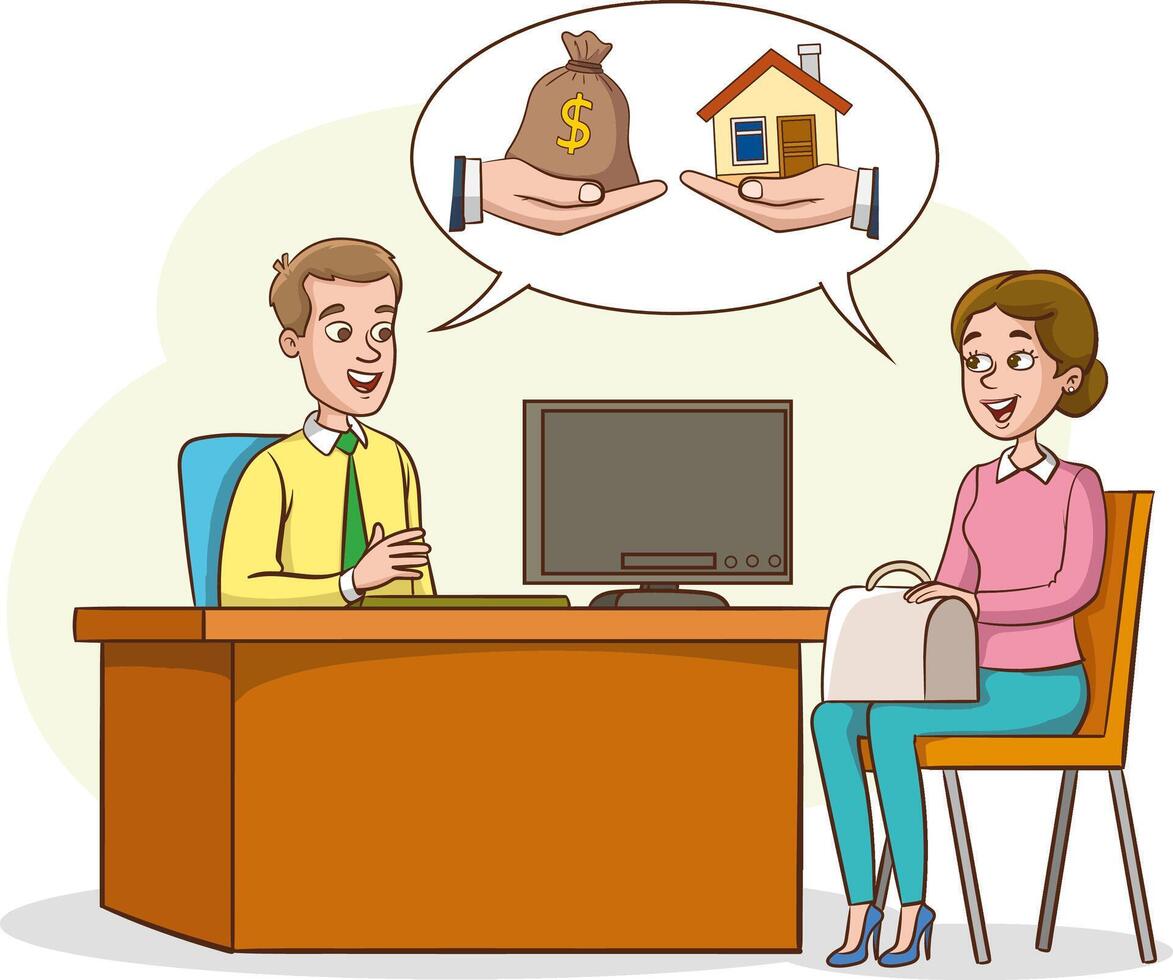 Male banker working with a female client. Manager advising a client. Flat illustration. vector