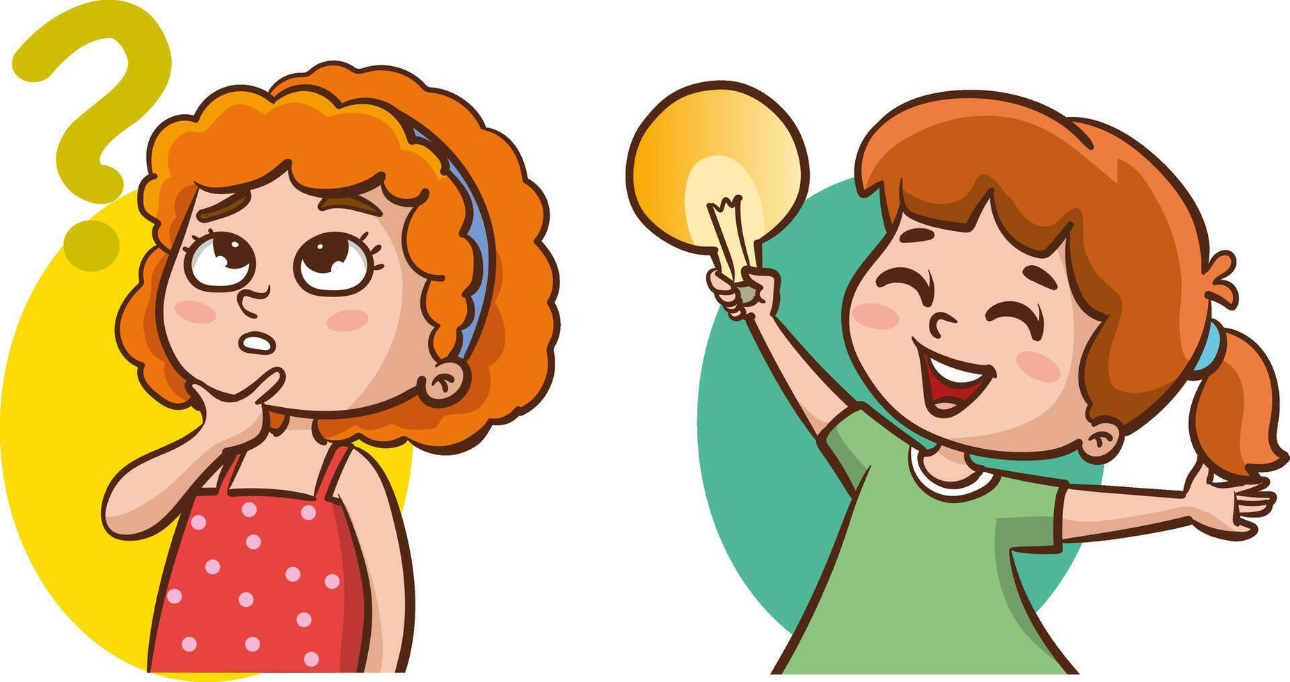 Problem solving concept. Cute kid boy thoughtful ask question. confused kid and happy to understand or light bulb found answer. cartoon illustration vector