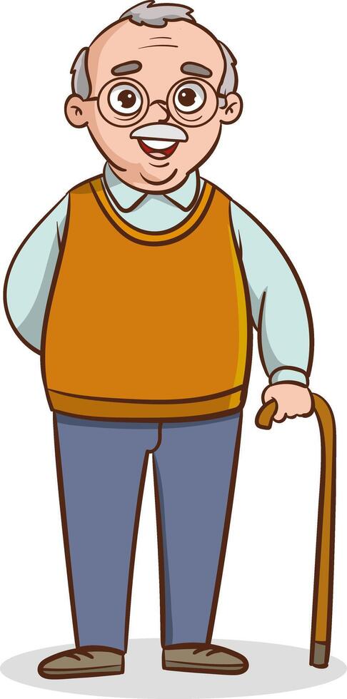 full length illustration of happy old man standing isolated on white background. illustration vector