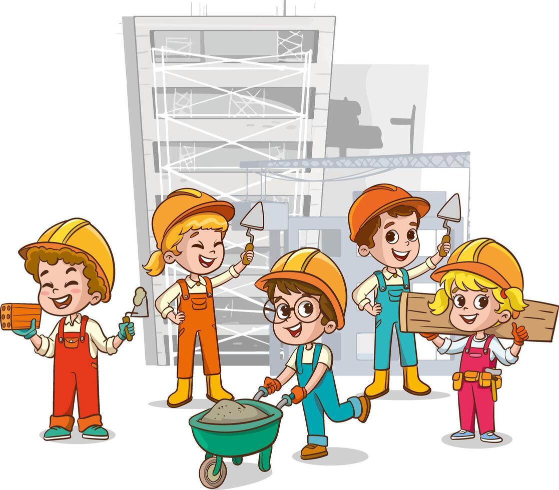 Children building house together, little builders with construction tools. Cartoon kids laying bricks, pushing wheelbarrow illustration. Construction worker with tools vector