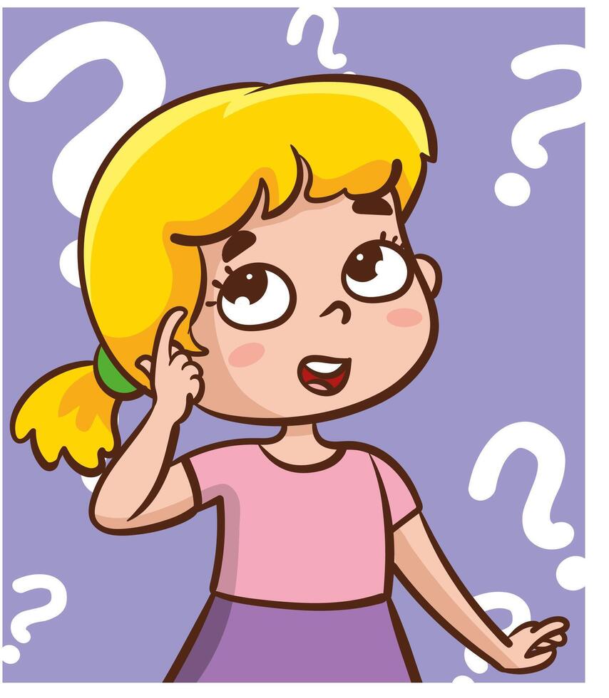 Problem solving concept. Cute kid boy thoughtful ask question. confused kid and happy to understand or light bulb found answer. cartoon illustration vector