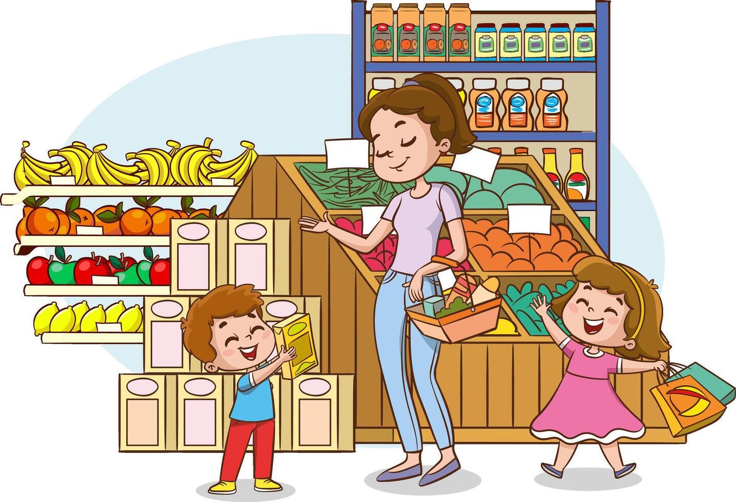 Mother and Kids Navigating the Aisles of a Crowded Supermarket and Making Grocery Shopping a Fun Family Trip. Cartoon People Illustration vector