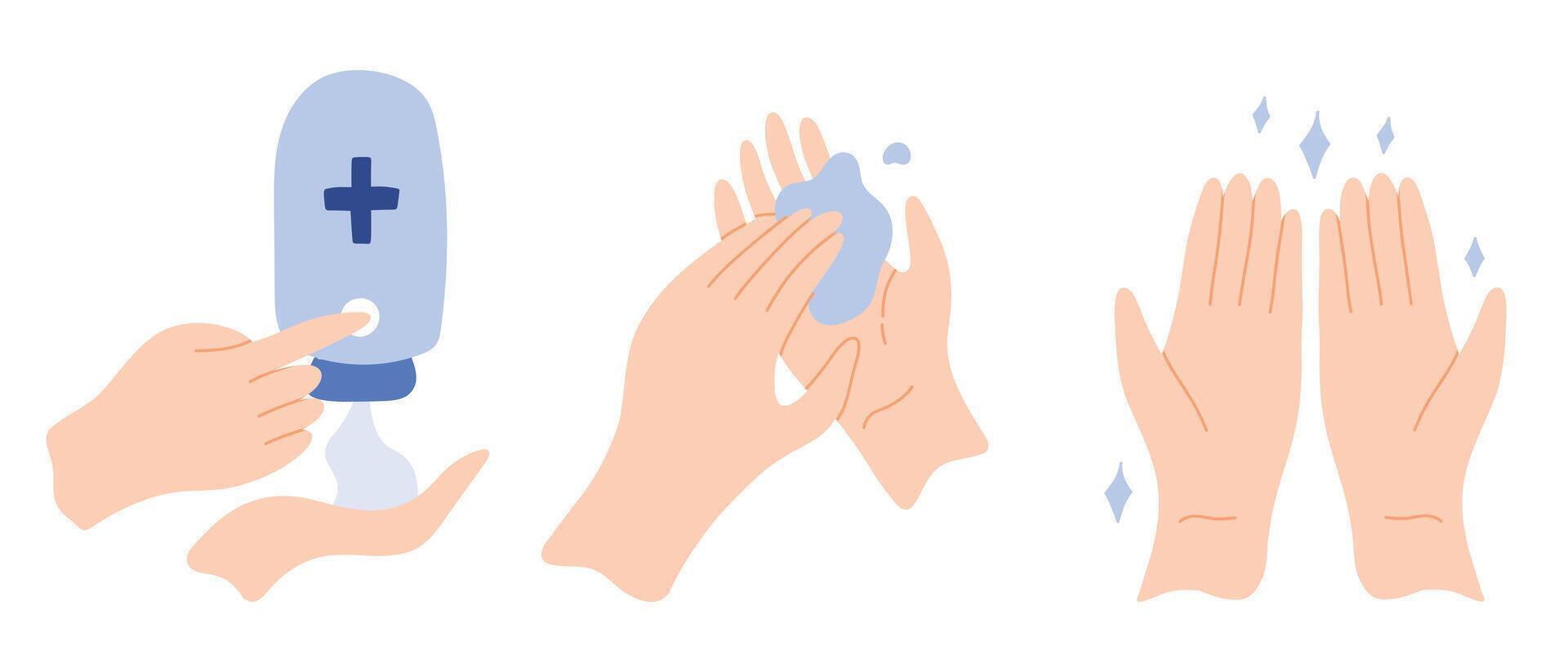 Clean your hands with alcohol gel. Killing virus. Hands used for touching will transmit the virus. Corona virus concept. washing hands with antibacterial hand sanitizer, sanitizer gel symbol vector