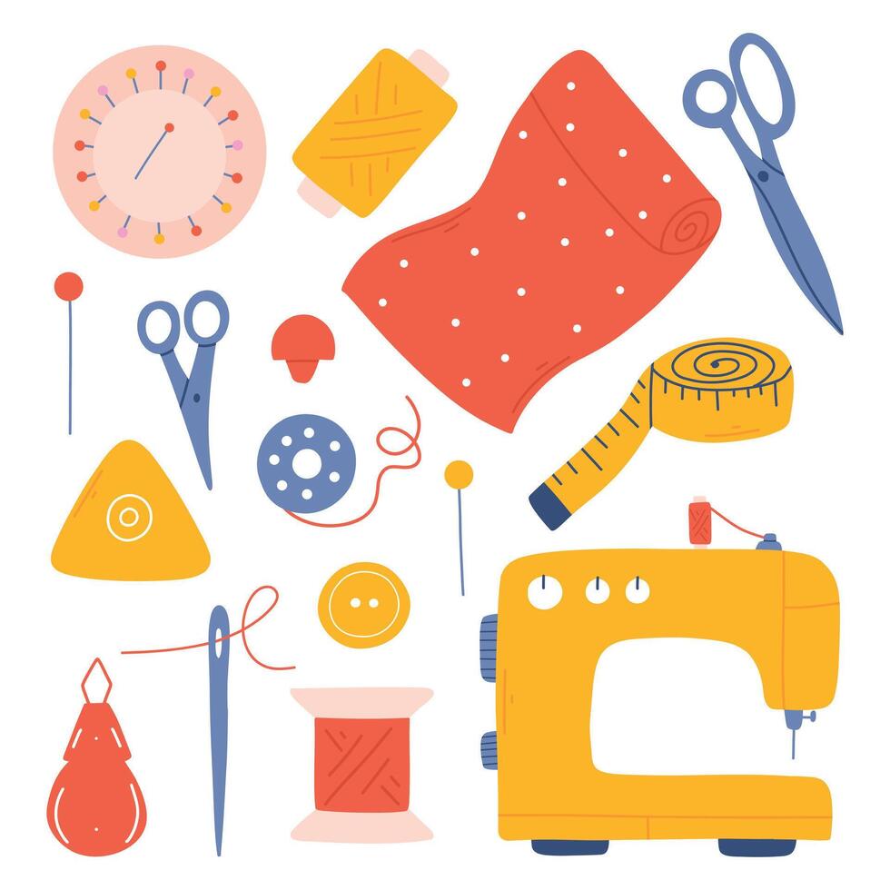 Set of sewing tools. Hand drawn collection of sewing elements. Sewing machine, needle, scissors, thread. illustration isolated on white background. vector