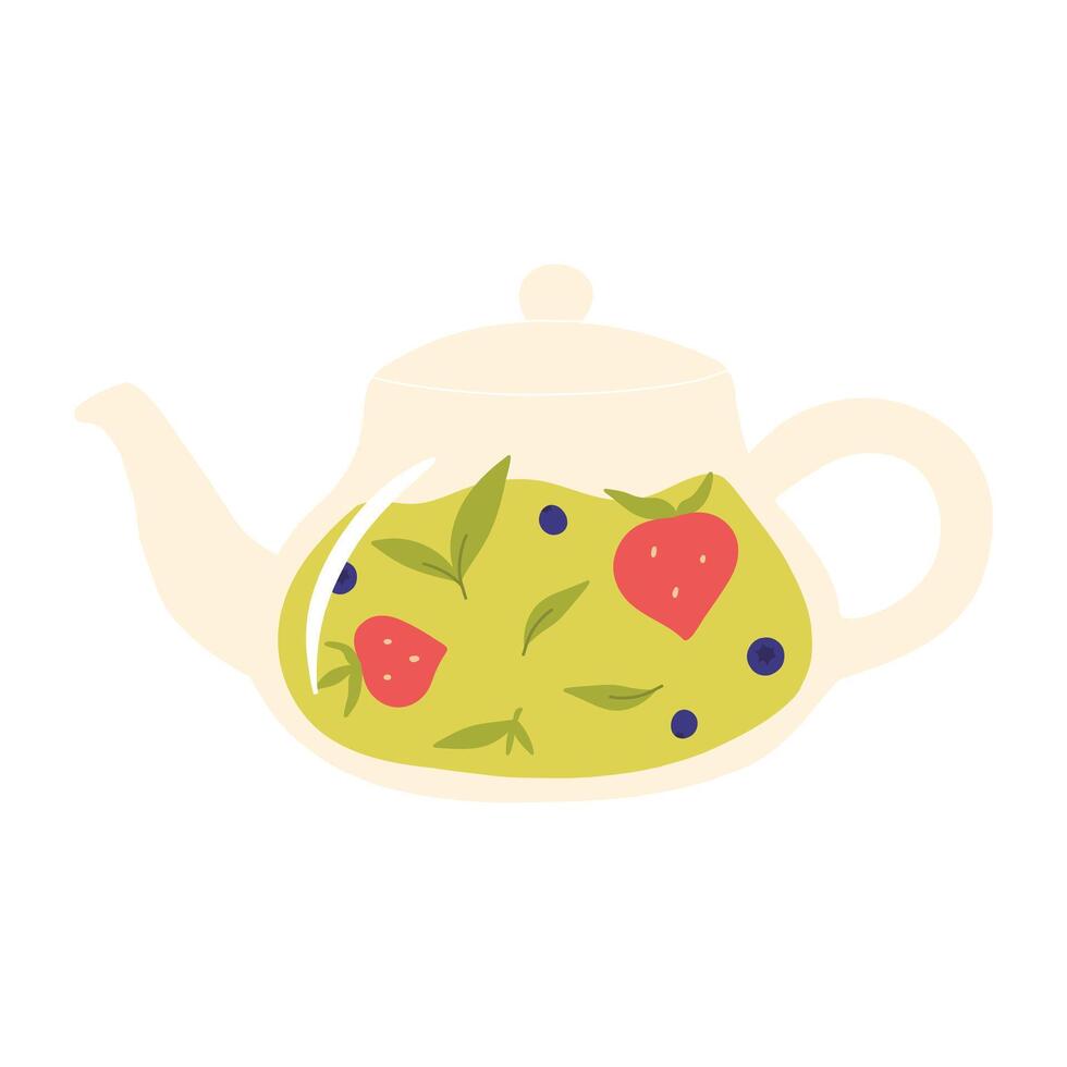 Teapot with green tea. Herbal tea in a glass teapot. illustration. Isolated illustration on a white background. Flat style. vector
