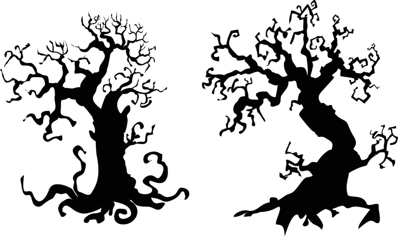 Collection of spooky tree silhouettes, Halloween isolated on white background. scary, haunted and creepy curly plant elements vector