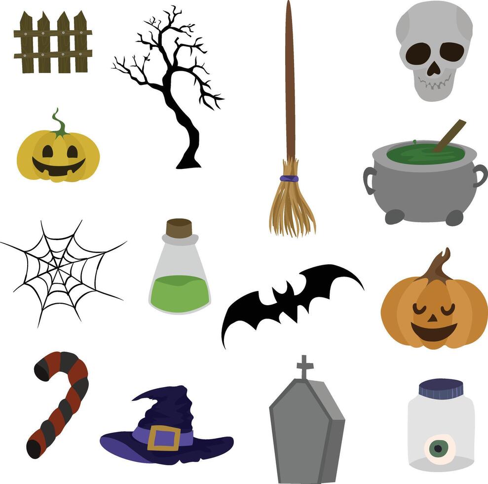 Halloween graphic elements - pumpkins, spooky trees, witch hats, witch potions and others. Hand drawn set. vector