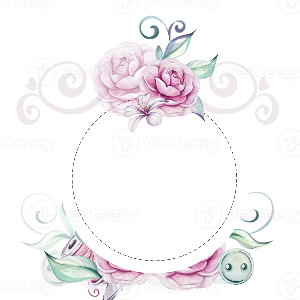 Watercolor circle frame, template - bloom bouquet roses, peonies. Romantic springtime flower with leaves, vintage style. For design, logo, postcards, wedding, textile, greeting cards. Elegance retro png
