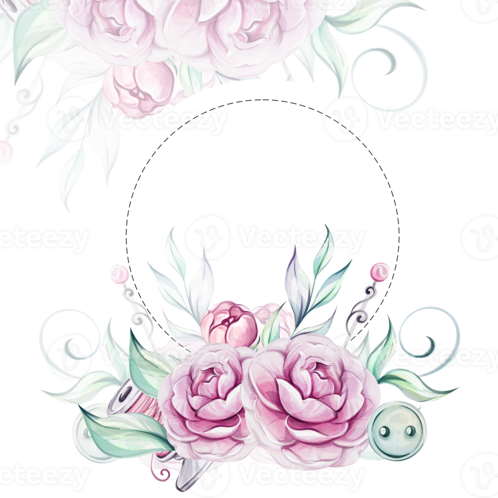 Watercolor circle frame, template - sewing tools with bloom bouquet roses, peonies. For design, postcards, textile, greeting cards. Elegance retro botanical illustration png