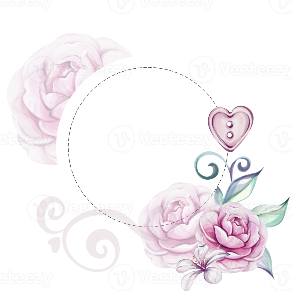 Watercolor circle frame, template - bloom bouquet roses, peonies. Romantic flowers with leaves, vintage style. For design,postcards, wedding, textile, greeting cards. Elegance retro png