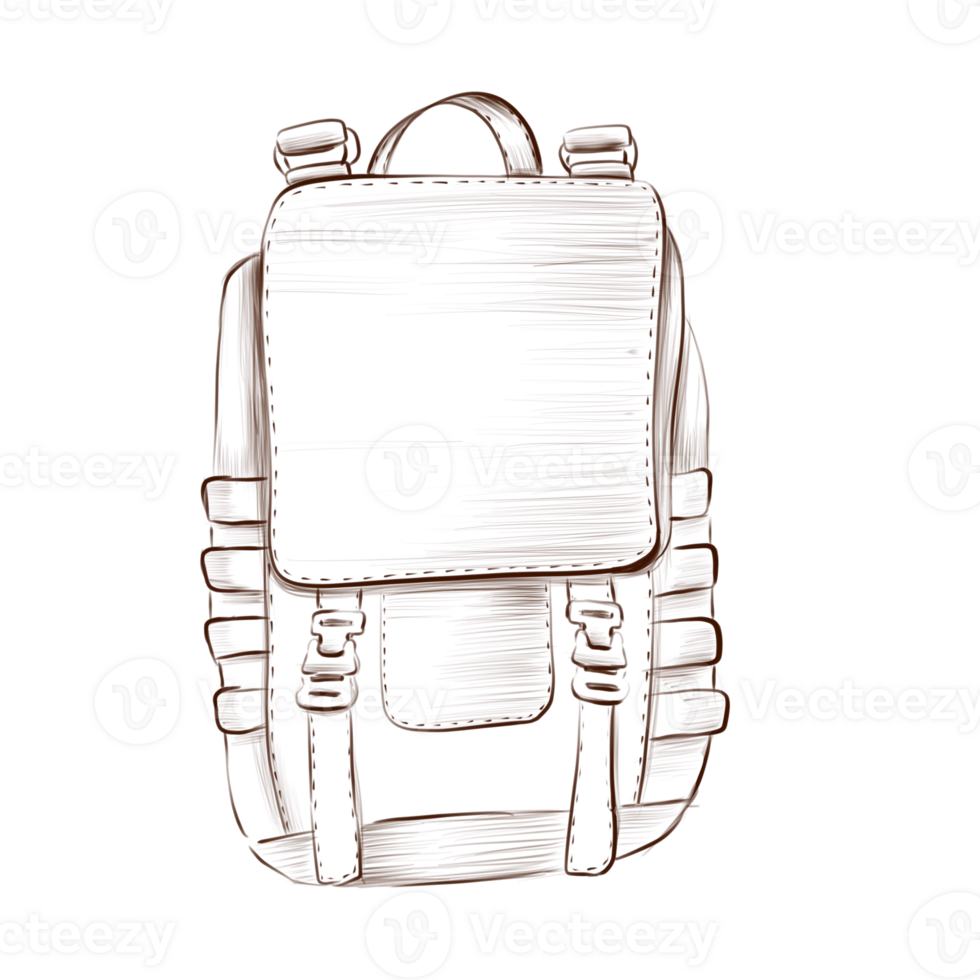 Tourist backpack camping freehand drawing isolate. Rough vintage monochrome brown freehand illustration isolated on transparent background png