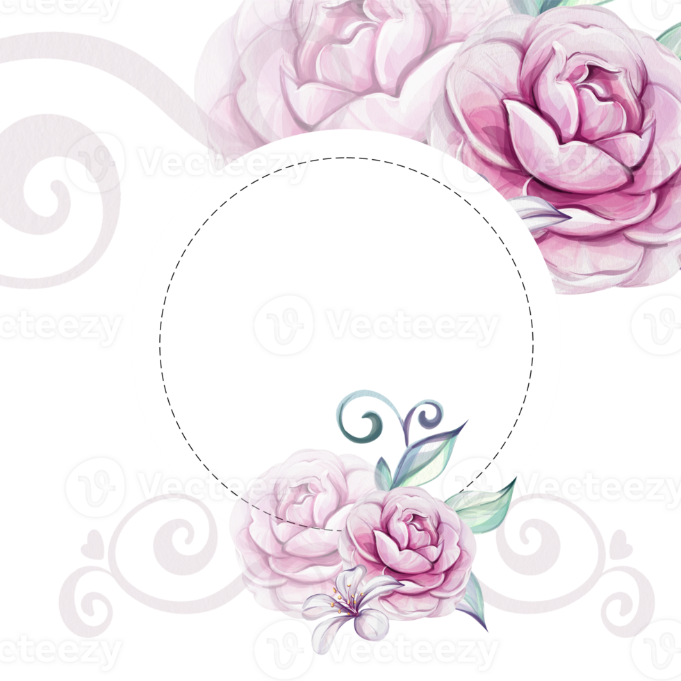 Watercolor circle frame, template - bloom bouquet roses, peonies. Romantic flowers with leaves in vintage style. Elegance retro botanical illustration. For design, postcards, wedding, textile png