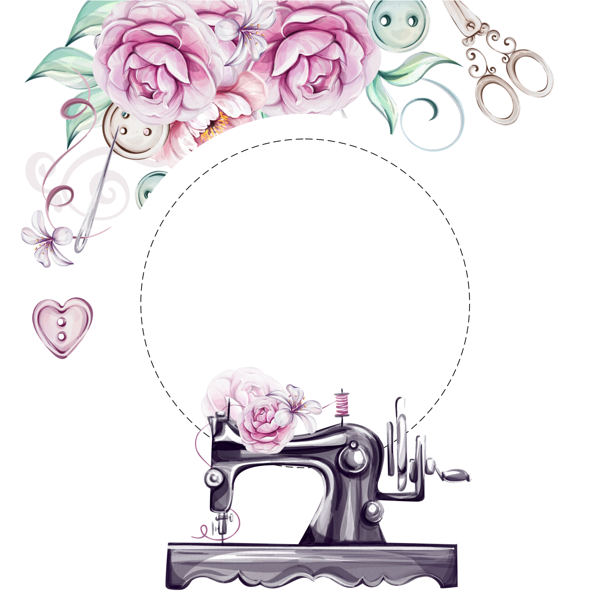 Watercolor circle frame template vintage sewing machine sewing tools