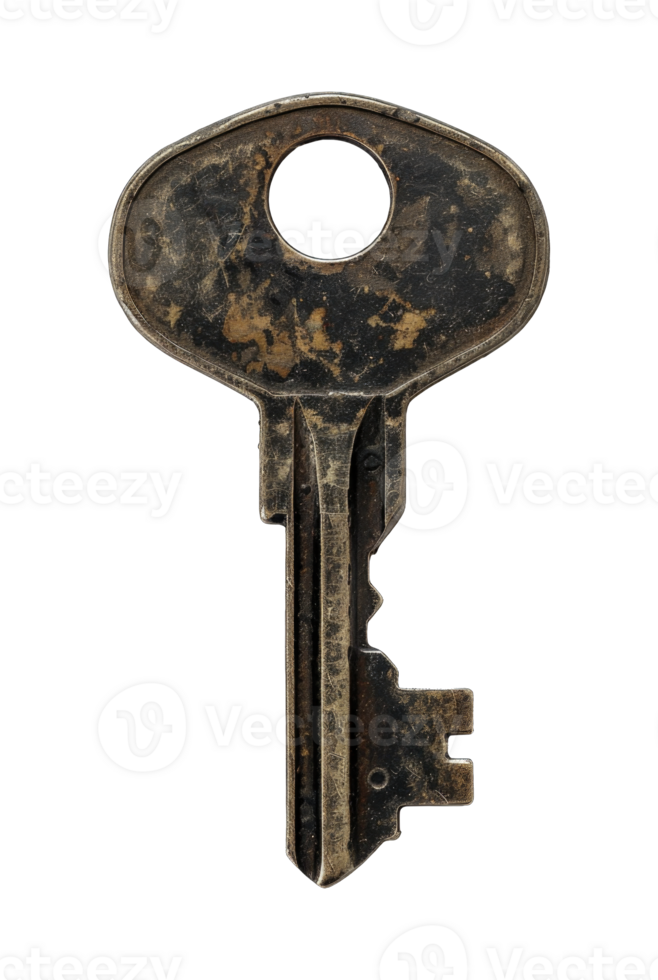 Old unlock key vintage design rust isolated on transparent background cutout png