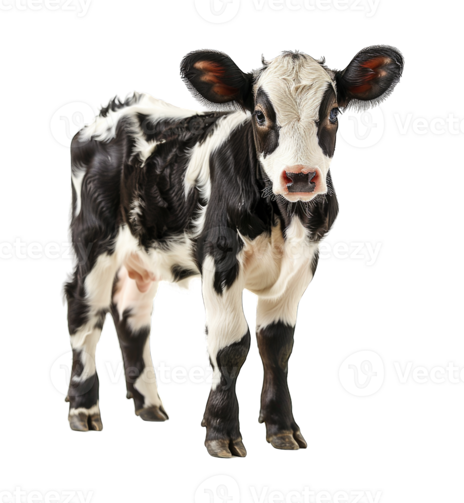 Black and white Cow baby standing isolated on transparent background cutout png