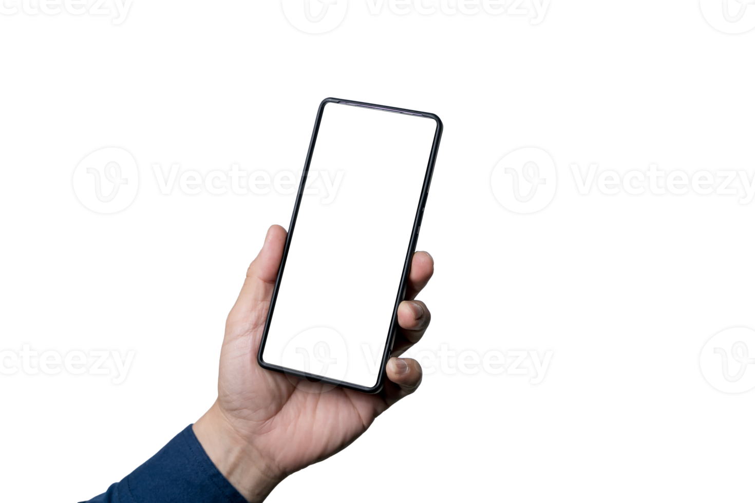 Close up of man hand holding modern smart phone mockup. New modern black frameless smartphone mockup png