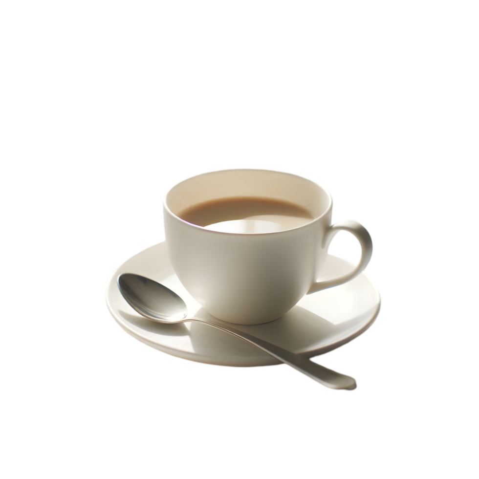 Cup of coffee on saucer with spoon on transparent background png