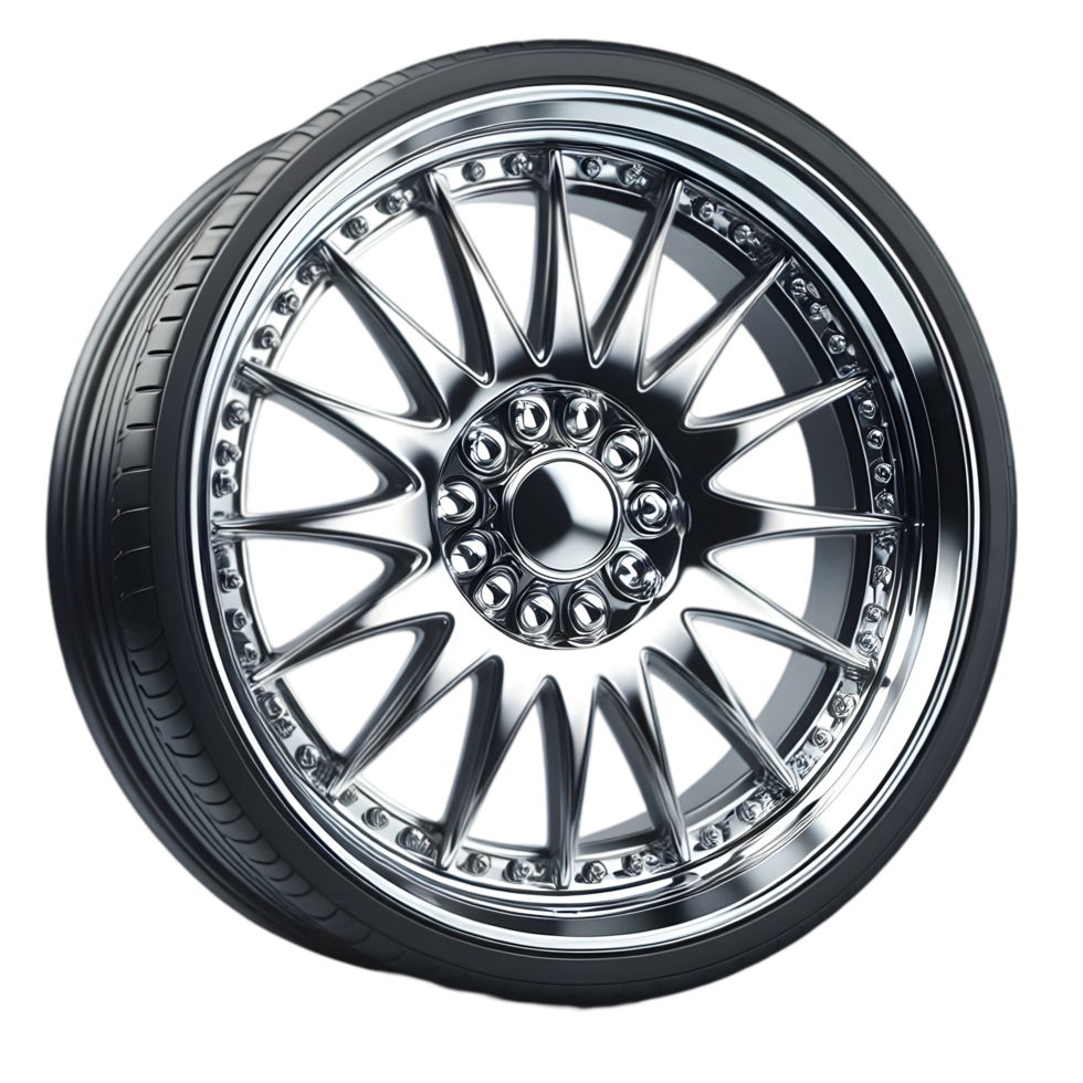 Wheel with a black rim and chrome spokes isolated from background png