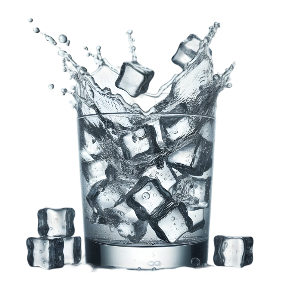Ice cubes in a glass with water splash on transparent background png