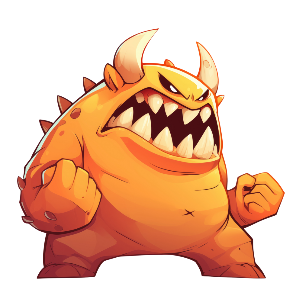Orange monster cartoon character with sharp teeth and horns png
